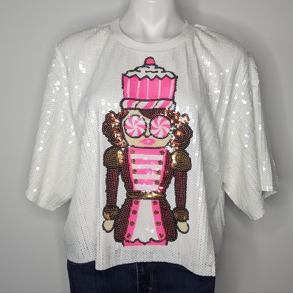Simply Southern white pink sequin nutcracker Christmas holiday top M - Picture 1 of 8